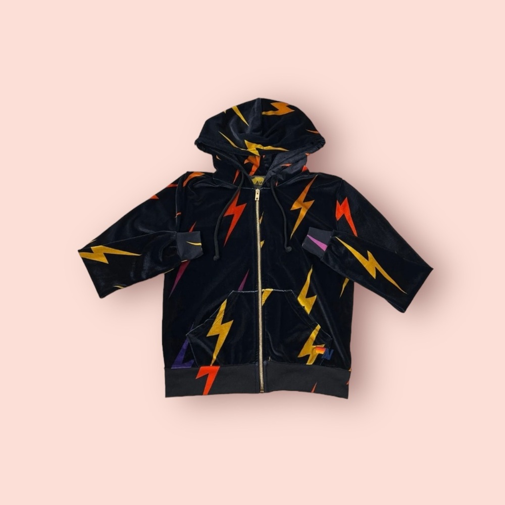 Aviator Nation Velvet Velour Lightning Bolt Repeat Hoodie Full Zip Black XS - Picture 3 of 7